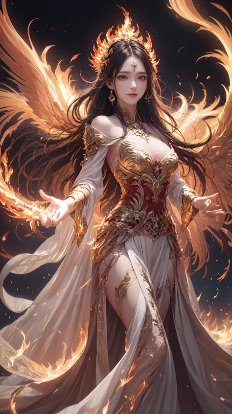 (((flame art，sparks flying，emit flames，flying flames：1.5)))，flame and phoenix as background，1 girl，armor connector，peacock feath...