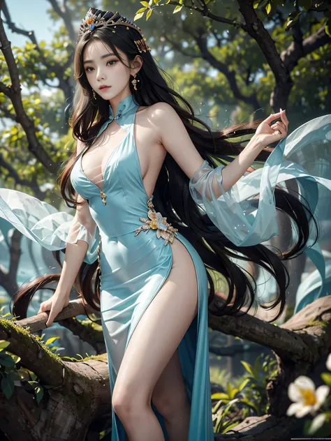 A woman wearing a dress stands in front of a tree、ethereal beauty、beautiful female body、a stunning young ethereal figure、China dress、very ethereal、translucent body、translucent dress、Renmei、very beautiful and ethereal、complex body、Gorgeous Chinese models、or...