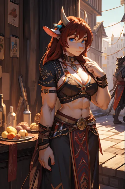 (8k, RAW photo, best quality, masterpiece), (1girl:1.5), a detailed character portrait, clearly worked out detail, (taurus, cow), ((muscular, athletic, cute face, curvey body)), juicy breast, wearing fantasy tribal clothes, rpg, dnd, lithe, intricate, cine...