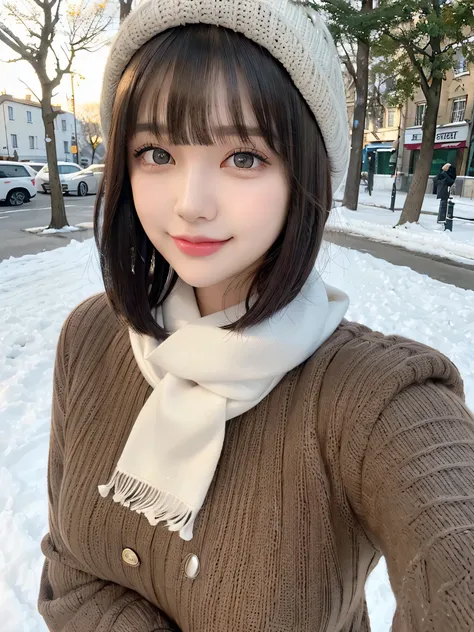 (masterpiece, highest quality),1 girl, alone, scarf, hat, realistic, realistic, looking at the viewer, light brown eyes,, Brunette short bob hair with highly detailed shiny hair, bright colored winter clothes, White headscarf, lips, bangs, outdoors, closed...