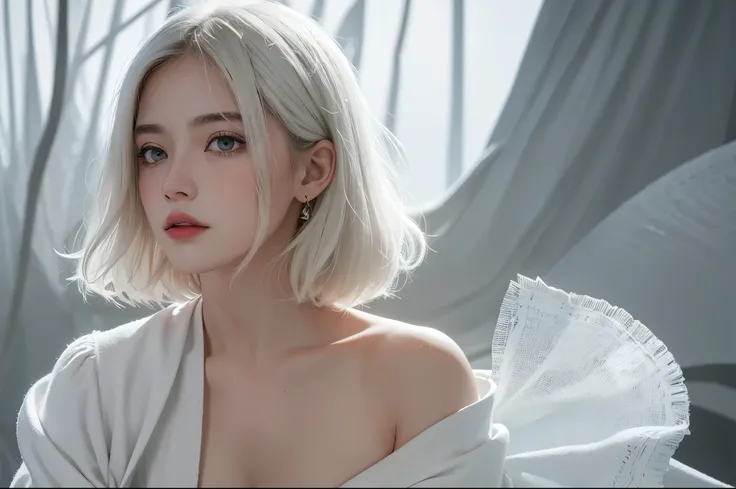 best quality， masterpiece， ultra high resolution， （realistically：1.5）， RAW photos， 1 girl， bshoulder， in the dark night， deep shadow， low pitch， cold light， sexy look， white hair short hair，No chest leakage，shift dress