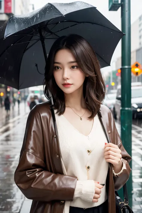 Upper body close-up image. A beautiful woman. Dark brown hair. Twenties. She holds an umbrella on a rainy day. standing on the street corner.