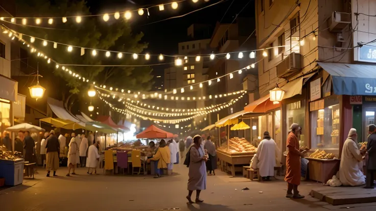 ramadan outdoor scene，cluttered market，no people in close range，lively street market，there are ramadan lanterns in the scene，sta...