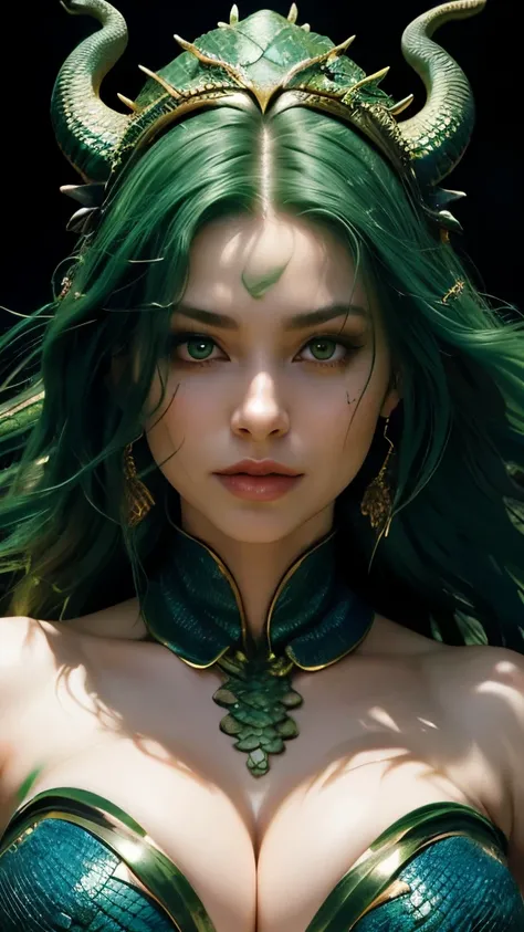 a close up of a woman in a green costume with a dragon on her head, hot reptile humanoid woman, yoshitakka amano karol bak, snake dragon hybrid, green skin with scales,female dragon head, big breast, detailed cleavage