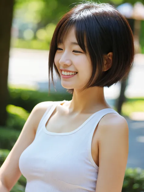 real photo, 1girl, japan girl, smile, Mouth closed, from the side, ultra super very short hair, boyish, tank top, Cloth material reflects light, Reflecting light.