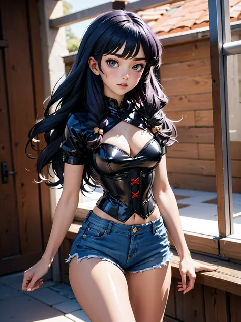 Garota anime cabelo purple com short jeans e corset rosa brilhante, 16 anos, corpo bonito, seios grandes, com as hands on chest, hands on chest, Garota sexy, purple cabelo, mechas de cabelo laterais, mechas de cabelo na lateral do rosto, beautiful lighting...