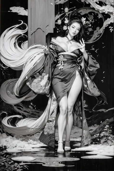 Umalinda warrior sexy, pretty face, Delicious Company, Alluring figure, Wearing a sexy open kimono. The artwork is created in a medium reminiscent of Japanese ink paintings....., 具有大胆的笔触和Monochromatic color palette. artist&#39;Masterful technique reveals t...