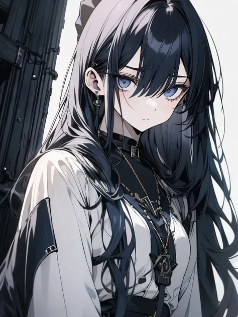 A 18 years old girl with pale skin and long straight indigo colour hair and indigo eye colour, with an grumpy expression. wearing the goth style, with a more elegant and cold something that matches her mysterious and strong personality. Overall, her appear...