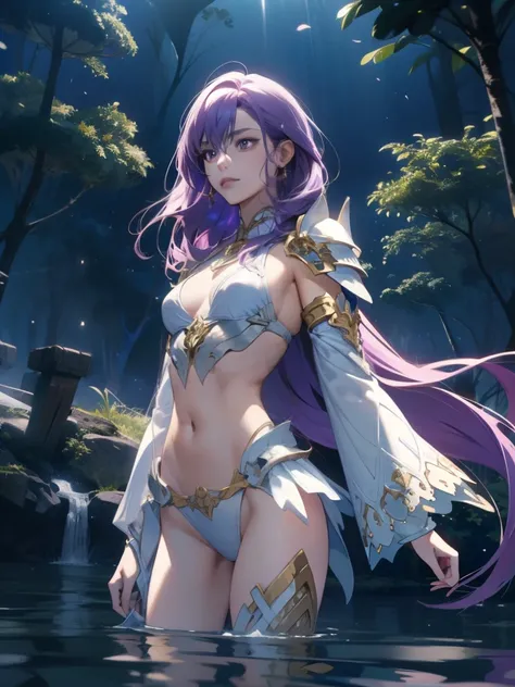 highest quality、woman with very long light purple hair、slim body shape、sharp eyes、small breasts、white bikini armor（Navel exposed、No sleeve、Thigh exposure、skeleton-like armor）、Standing on the water surface of a forest lake at night、Different world、dark fant...