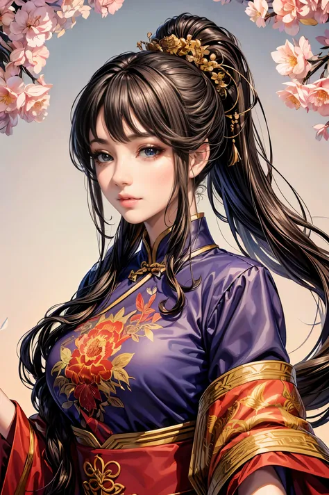 (best quality,8k,CG),Upper body details,cheongsam，lace，exquisite girl,Floral forest background,complex facial features,Elegant double ponytail long curly hair,Large almond-shaped eyes,Detailed eye makeup,long eyelashes,,Exquisite lip details,Soft and harmo...