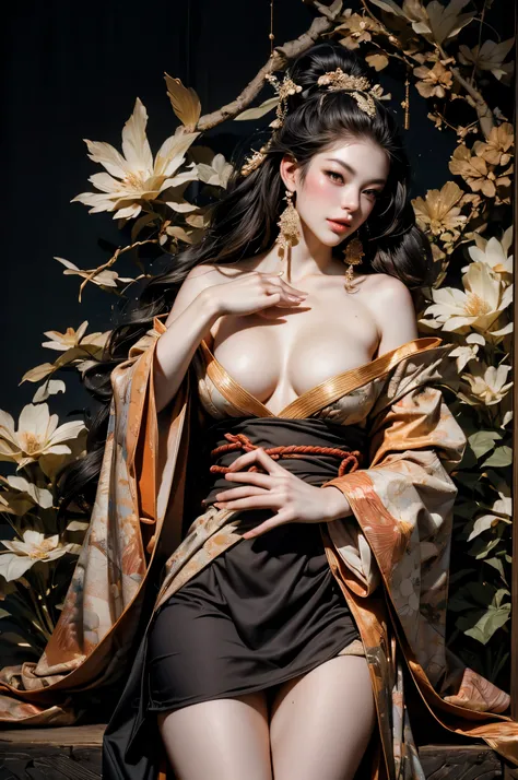 Umalinda warrior sexy, pretty face, Delicious Company, Alluring figure, Wearing a sexy open kimono. The artwork is created in a medium reminiscent of Japanese ink paintings....., 具有大胆的笔触和Monochromatic color palette. artist&#39;Masterful technique reveals t...