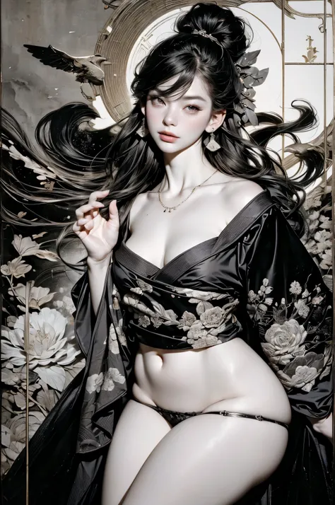 Umalinda warrior sexy, pretty face, Delicious Company, Alluring figure, Wearing a sexy open kimono. The artwork is created in a medium reminiscent of Japanese ink paintings....., 具有大胆的笔触和Monochromatic color palette. artist&#39;Masterful technique reveals t...