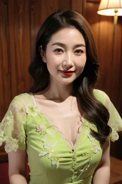 Draw lips correctly, red lipstick, from chest up, best quality, Super detailed, lifelike, Super fine skin, perfect anatomy, (1 日本Mature的女人), (alone)，Wear a floral green high-end dress，short sleeve，wavy long hair，37-year-old female，Mature，charming smile，sta...