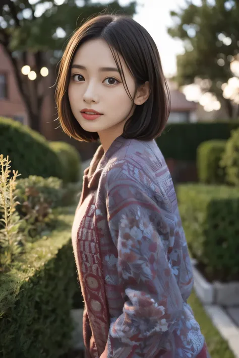 (((evening:1.3, garden, Photographed from the front))), ((medium bob:1.3, Clothes with fancy patterns:1.3, long sleeve, japanese woman, cute)), (clean, natural makeup), (highest quality, masterpiece:1.3, 超High resolution), (Super detailed, caustics), (real...