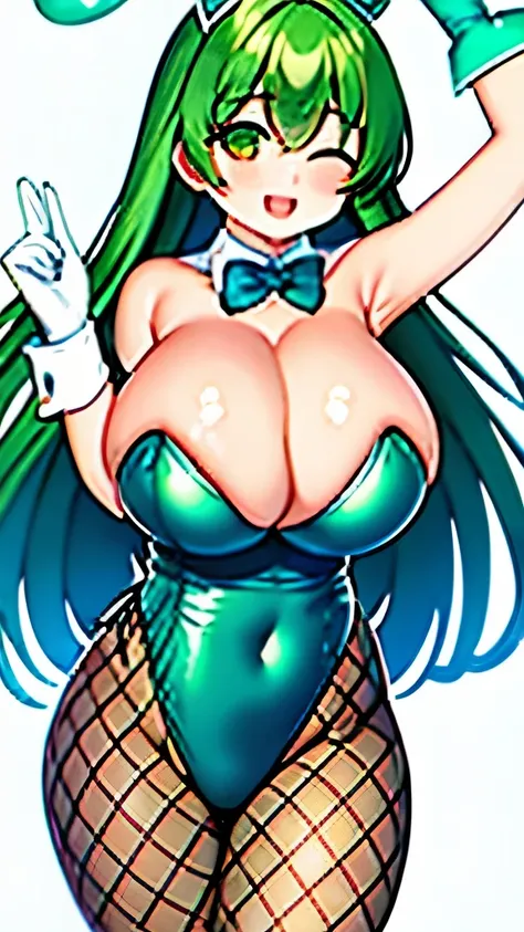 ,disorganized, high quality, game CG, 1 girl, Sanae Tofuya, , Bokeh, chromatic aberration,sexy pose,Full Breasts,saggy breasts,long hair,green hair,,black bunny suit, latex long gloves, cleavage, shining eyes, , floating, smile,,((fishnet tights))，,,,sexy ...