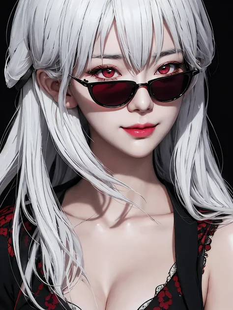 white haired woman with sunglasses and a red and black dress, dramatic smile pose intricate, detailed portrait of anime girl, ar...