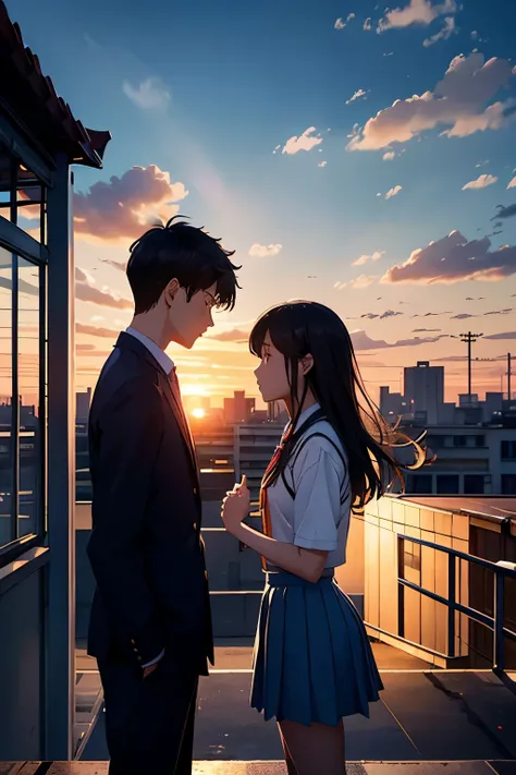 Two high school students, a boy and a girl。uniform。school rooftop。summer。illuminated by the sunset。Confession Scene。There is a sense of tension。The two are standing facing each other。