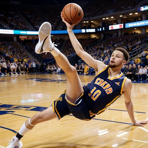 on the basketball court，Curry septum James，James fell to the ground hard