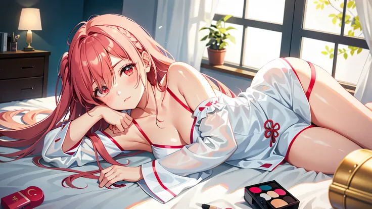 1 girl, hair covering one eye, open lips, blush, cosmetics, faint smile, pajamas, glow, thigh, red eyes, clavicle, Willow Yao, (lying down), floorroom, window, moon, moonlight, underwear,, floor