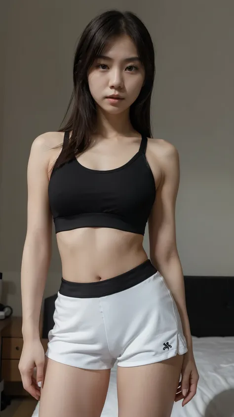 Generate a white Korean girl in hot very small black shorts and short black sports bra posing for a photo