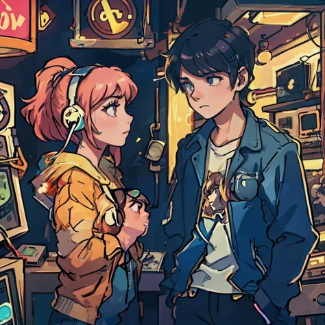 a boy and a girl are listening to music with headphones together in an old vinyl store, a room with a lot of singer poster, 80s ...