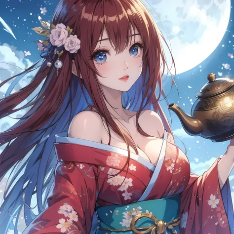 Blue-eyed anime girl holding teapot in front of full moon, anime style 4k, Cute anime waifu wearing nice clothes, night nucleus, beautiful anime girl, Beautiful anime woman, Beautiful charming anime woman, anime wallpaper 4k, Anime Art Wallpaper 4k, Anime ...