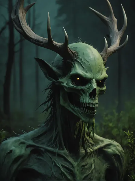 wendigo, a close-up portrait of a character made out of death|life. (black) and green colors dominate the composition. swamp was...