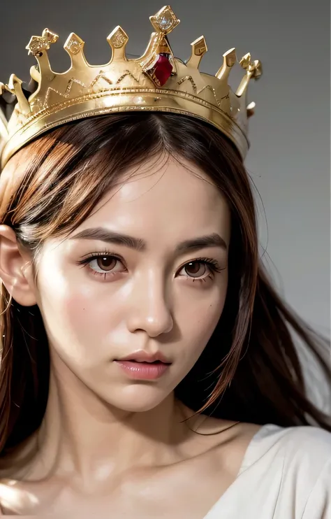 a picture of a woman with long hair and a white shirt use gold and diamond crown, so happy that her face, she has a cute expressive face, the goddess, realistic, upper body, red eyes