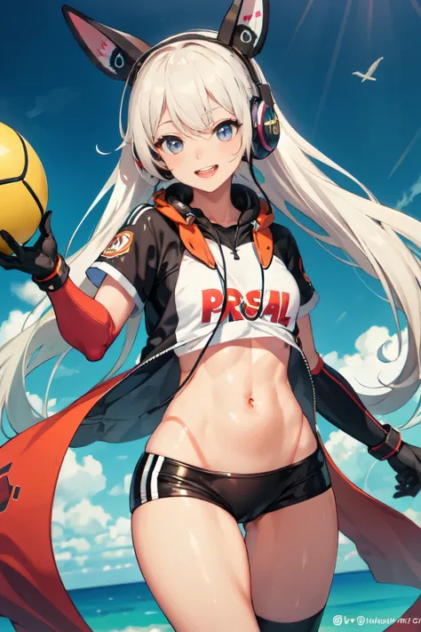 ((highest quality)), ((masterpiece)), (be familiar with), perfect face monster girl，Happy，wearing headphones，often play sports，high school girl，I&#39;m tanned，