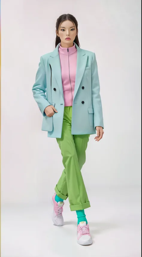 16K, Masterpiece, photorealism, girl with long hair, full body, image of a woman in a bright suit and pink trousers, in a bright mens suit, inspired by Peter Alexander Hay, modern maximalist suit, bold pastel colors, bright pantsuit for a rave, bright neon...