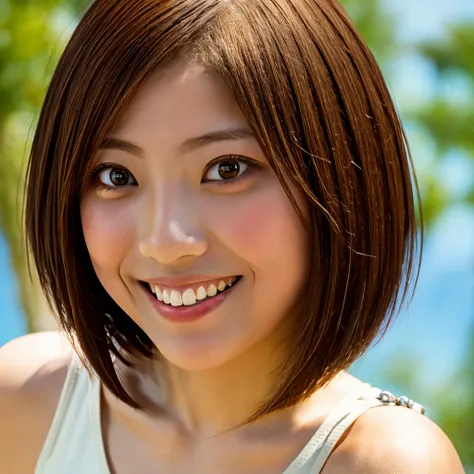 best quality, 8k, RAW photo, photo realistic, detailed face, detailed eyes, 1 girl, solo, ishikawa ,((very short hair, brown hair color)), smile, front view