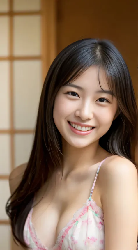 Japanese ),((beautiful girl)),cleavage,An expression that imagines something pleasant:1.2,(perfect body beauty:1.2),((perfect body)),(shy smile),beautiful teeth,