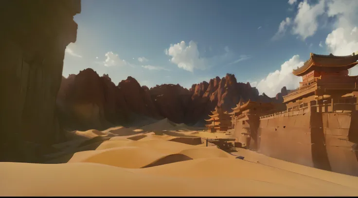 ((realistic light, best quality, 8k, Pianfei: 1.3)), ((Desert canyon dyed red by sunset)), (A huge temple carved into a high cliff), Chinese Han Dynasty，Western Region，fortress in desert，very detailed