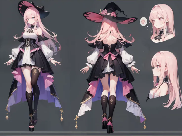 ((masterpiece, best quality)), Detailed face, character design sheet， Full body female love, full of details,，Very detailed, depth, many parts, Pink long hair girl，Wearing a gothic dress，Wearing a witch hat，professional witch，Magic wand in hand，beautiful w...