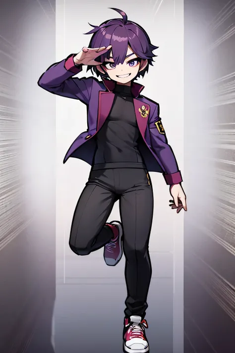 High resolution, high quality, ((maleの子)),male,super sharp, 8k, masterpiece, purple hair, My eyes are also purple,Hairstyle braid, american hair,smile,the background is white,whole body,Gamer Clothing,no background,Purple Jersey Jacket,Standing position,wh...