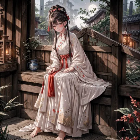 (Ridiculous,Super detailed),(1 girl:1.3),(alone, Hand Painted,simple lines,16-year-old girl wearing red Hanfu,on the bed,barefoot,indoor,moonlight,at night,nose blushing,leave,high resolution,masterpiece),moonlight下的卧室里有一个 16 岁的女孩，wear (Vibrant red Chinese...