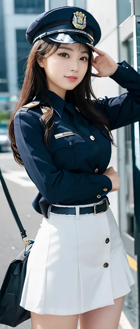 police officer idol、whole body、good style、、、、、Shiny yellow miniskirt uniform、、cyber building、police officer hat