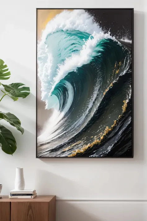 Beach painting with close up of crashing waves, Black velvet painting, Painting on black canvas, abstract black oil, high detail painting, Detailed sea, textured canvas, canvas art print, blue black gold, black gold silver, Rich colors of black and gold, 在...