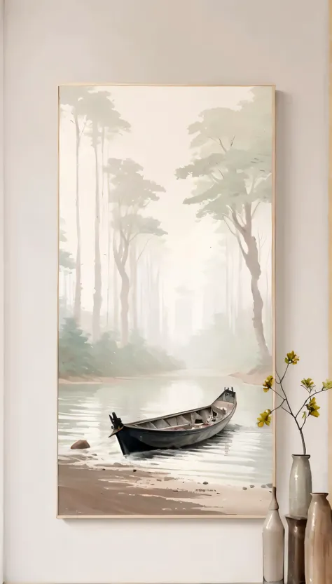 a close up of A painting of a boat on a beach, canvas art, The paintings are elegant and delicate, canvas painting, Calm and serene, oil painting style, in this painting, Dreamy and detailed, clean and elegant painting, A painting, oil painting style, Mini...