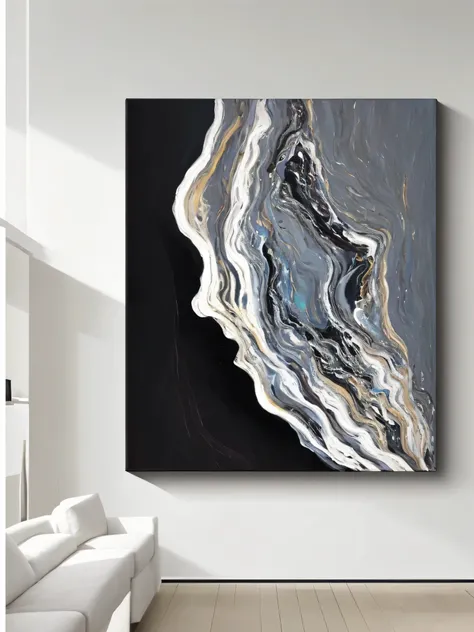 Close-up of a painting on the living room wall, Abstract liquid acrylic art, textured canvas, canvas art, black abstract, canvas art print, paint on canvas, art canvas, 在Black velvet painting布上作画, detailed, fine art print, Dough on black canvas layer, Blac...