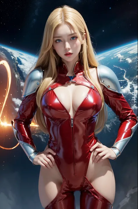 Beautiful woman with blonde blue eyes。Details of face。Beautiful double。Passed nasal muscle。plump lips。She fits snugly and is dressed in a metallic scarlet suit.。He has a transformation belt around his waist like a Kamen Rider.。Giant space battleship advanc...