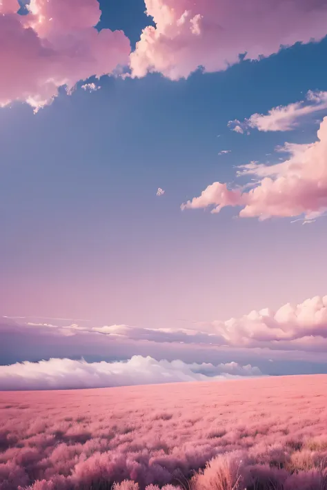 Fantasy all pink scene，panoramic，vast shaggy grassland，floating clouds，White clouds float like cotton in the picture，pink sky，HD，4k