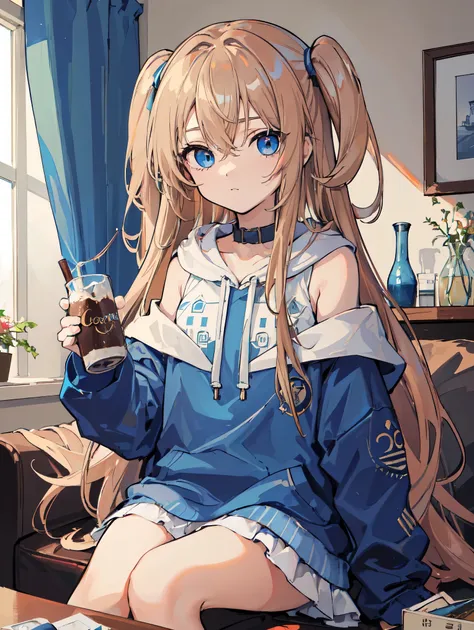 ((top quality, masterpiece, detailed eyes)), one girl, light chestnut hair, long hair in two-side up, blue eyes, , short, narrow shoulders, long blue hoodie, college student, small living room, relaxing drinking cocoa, room with cute pop cushions and curta...