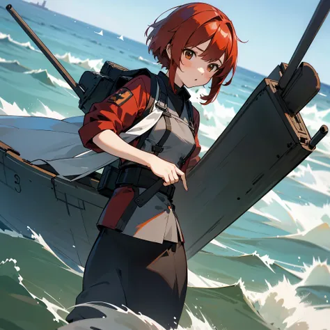 girl　short hair　grow　facing this way　red hair　wearing military uniform　carrying the rigging　KanColle　on the sea　battleship　{KanColle} girlにクローズアップ　battleship大和　war　