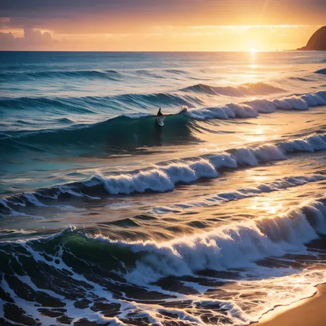 Imagem vetorial minimalista ao estilo da Pixar de um belo nascer do sol na ilha, uma praia isolada com pequenas ondas batendo suavemente na praia, e uma vista aberta de um mar esmeralda calmo, The sun breaking the horizon with rays of rainbow colors gently...