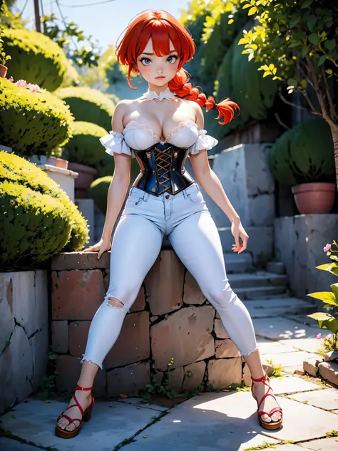 Garota Ruiva de anime em bermuda jeans e corset pink, saia, 16 anos, corpo bonito, seios grandes, com as hands on chest, hands on chest, Garota sexy, red hair with braid, mechas de cabelo laterais, mechas de cabelo na lateral do rosto, beautiful lighting, ...