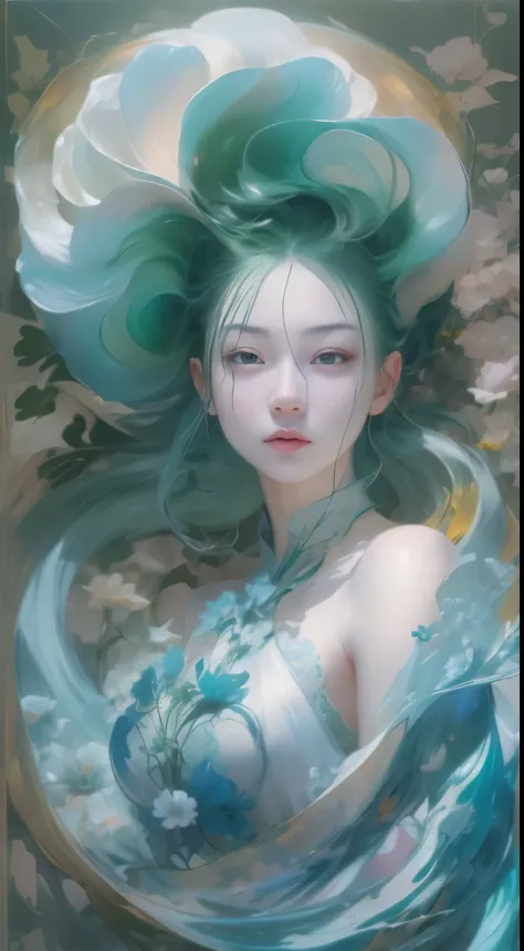 Surrealism, concept art, Classicism, Backlighting, Bloom, Optical illusion, expected insert, Ultra high quality, masterpiece, textured skin, Ultra-detailed, high quality, Award-winning，Blue and white porcelain beauty，Green Swirl Soul, Gorgeous and smooth, ...