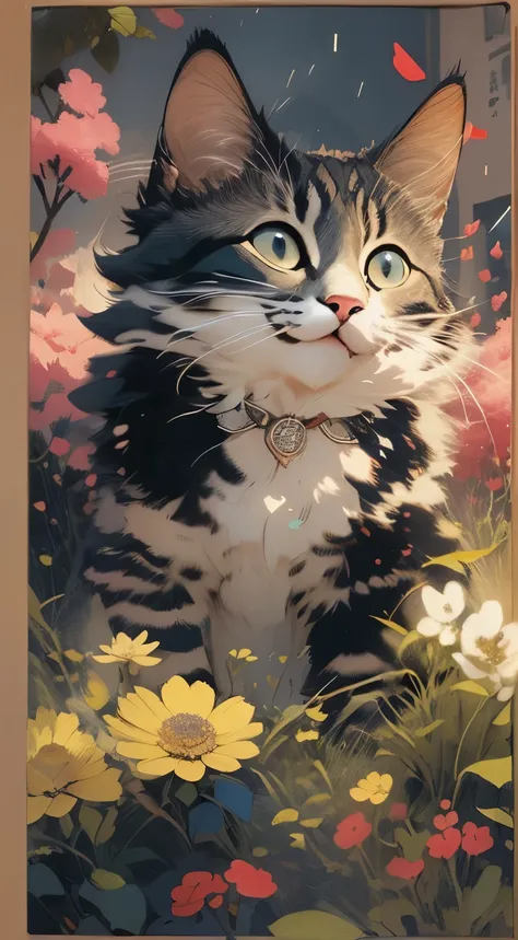 （masterpiece、Super delicate、high resolution），（romantic、Innocent、𝓡𝓸𝓶𝓪𝓷𝓽𝓲𝓬、adventure、Bold、Travel Elements），(Smile),背景flower田，kitten，flower，night，meteor shower，Only fields，kitten，flower，meteor shower