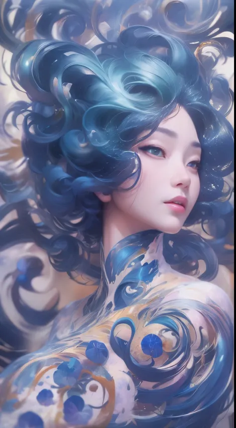 Surrealism, concept art, Classicism, Backlighting, Bloom, Optical illusion, expected insert, Ultra high quality, masterpiece, textured skin, Ultra-detailed, high quality, Award-winning，Blue and white porcelain beauty，Green Swirl Soul, Gorgeous and smooth, ...