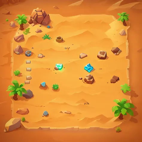 Cartoon illustration of desert with rocks and stones, sand and desert environment, game illustration, mobile game art, stylized game art, desert environment, game concept, Desert oasis background, rocky desert, desert composition, Detailed game art illustr...